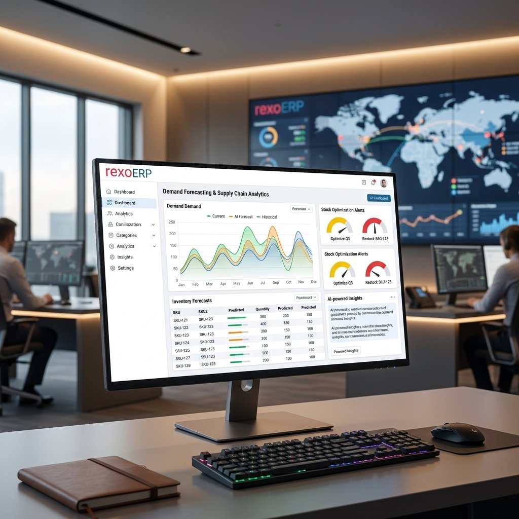 AI-powered ERP dashboard showing demand forecasting, supply chain analytics and inventory forecasts