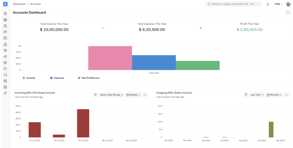 ERP accounting software finance and accounting dashboard in ERPNext